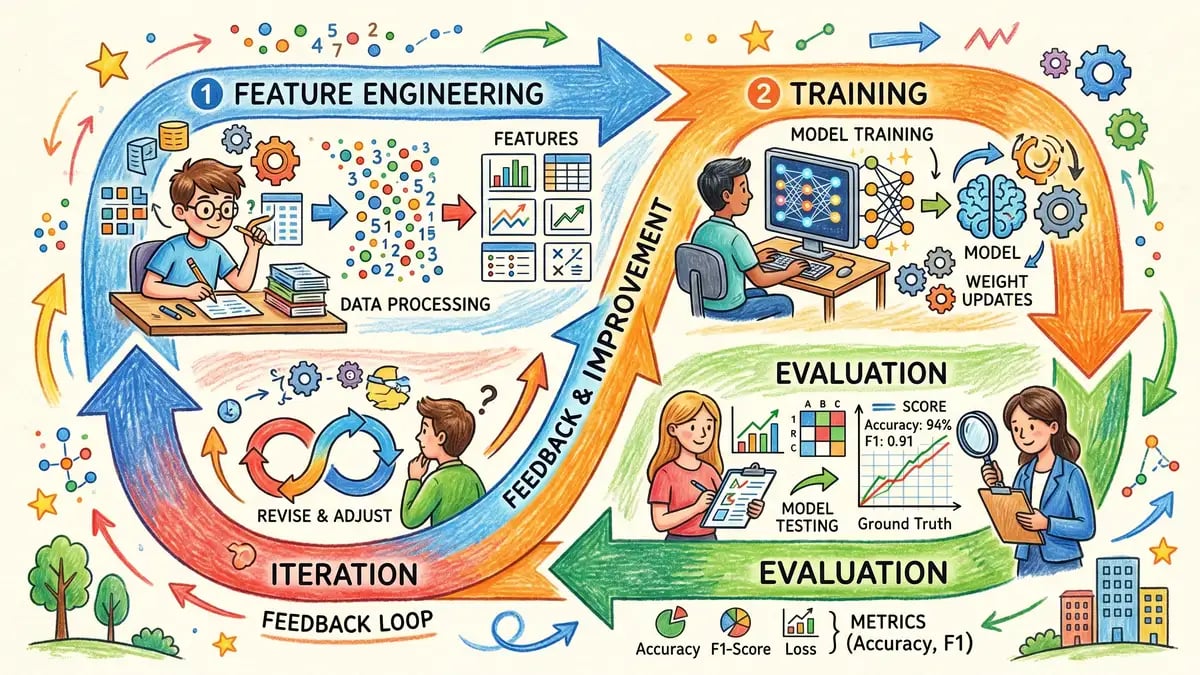 Model development cycle showing feature engineering, training, evaluation, and iteration loops with performance metrics