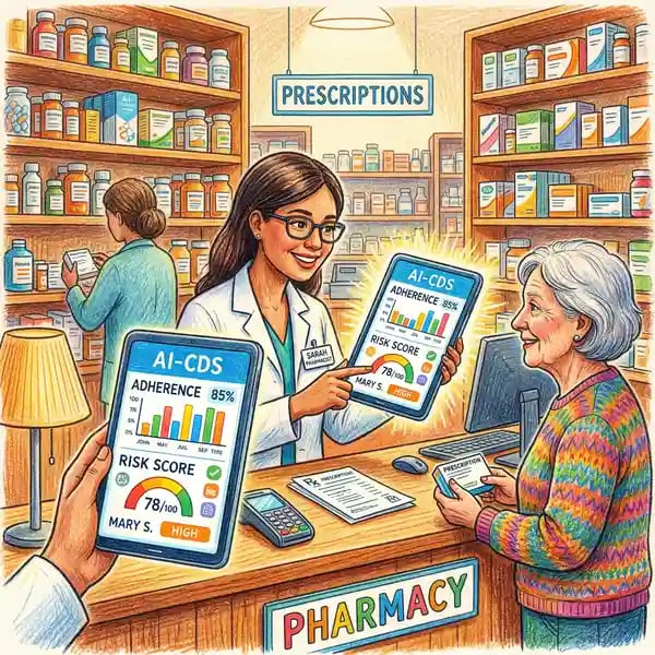 Community pharmacist using AI clinical decision support on a tablet for medication adherence tracking
