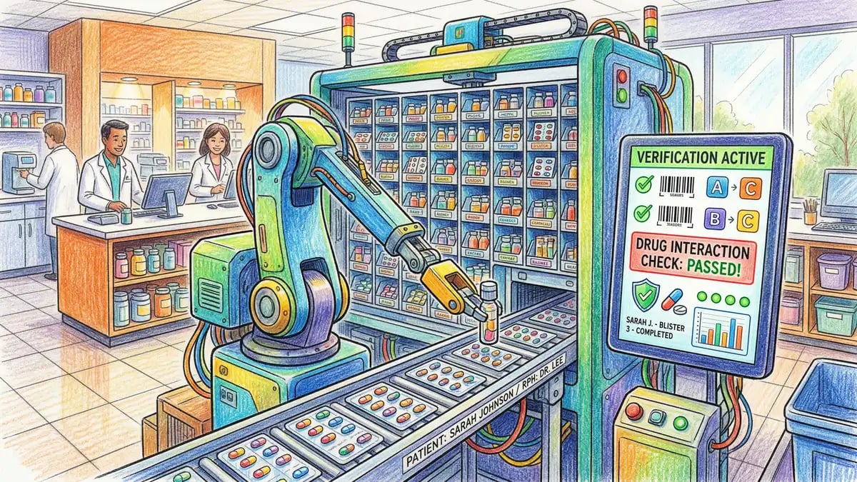 AI-powered automated pharmacy dispensing system verifying prescriptions and checking drug interactions