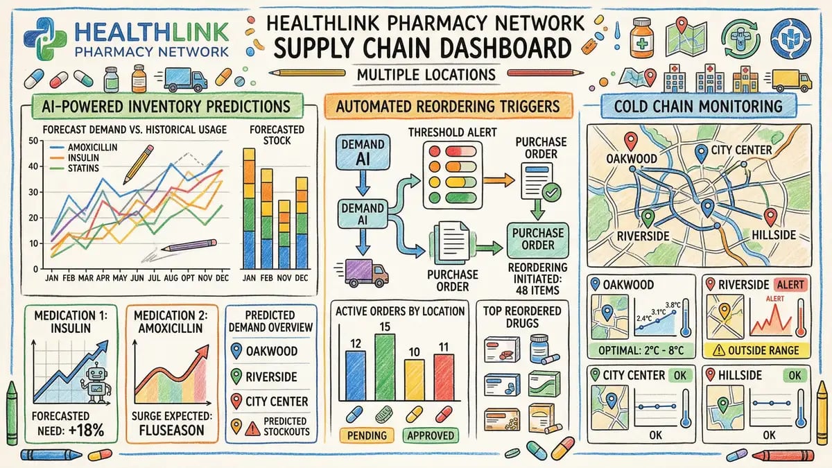 AI-powered pharmaceutical supply chain dashboard showing inventory predictions and automated reordering