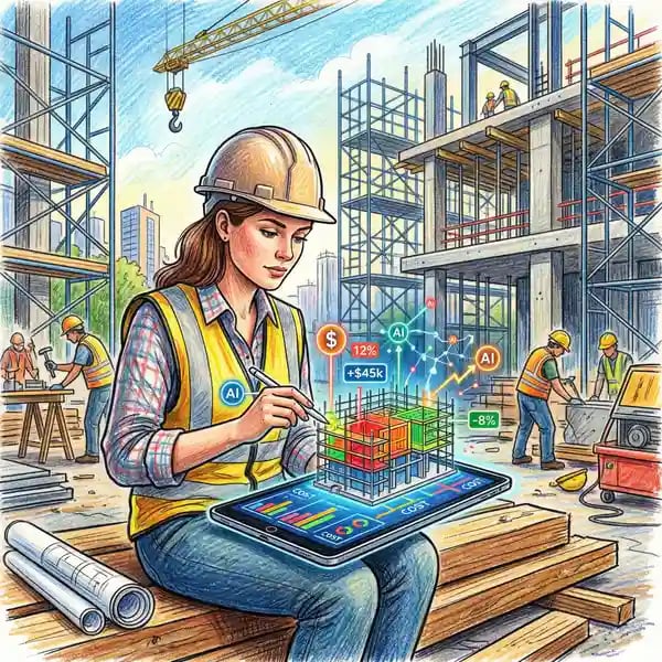Quantity surveyor reviewing BIM model with AI cost predictions