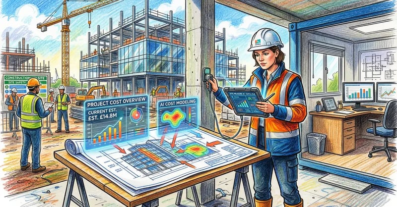 AI-powered quantity surveying with digital measurement tools and cost data overlays on construction blueprints