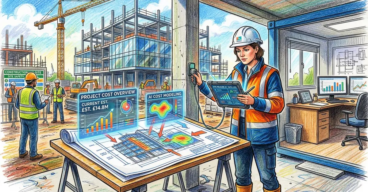 AI-powered quantity surveying with digital measurement tools and cost data overlays on construction blueprints