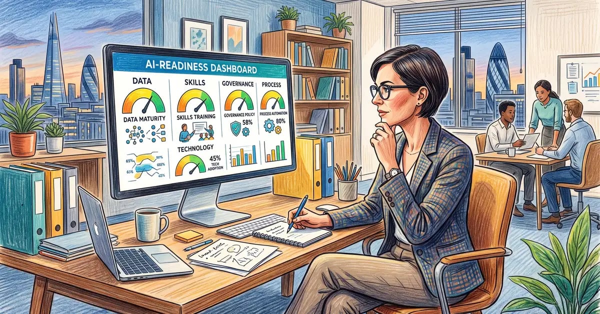 A marketing leader reviewing an AI-readiness dashboard across data, skills, governance and process