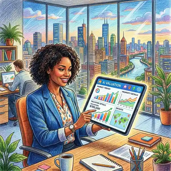 Real estate agent reviewing AI-powered property valuation data on tablet device