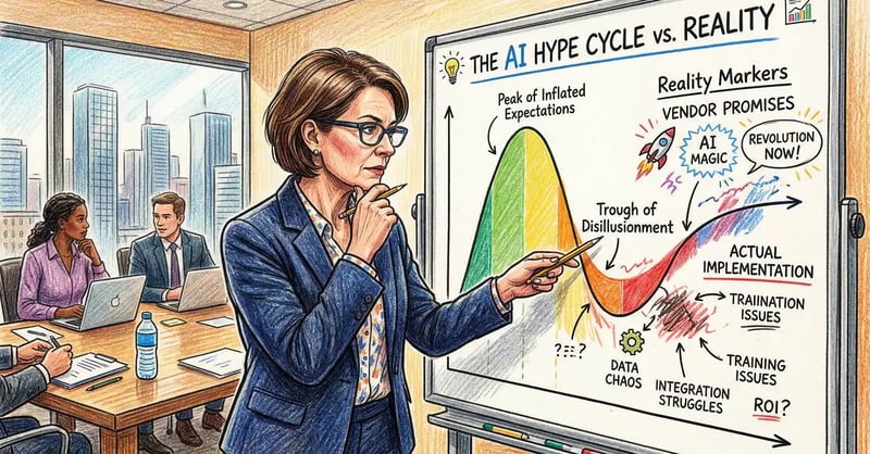 Pencil-crayon illustration of a business executive examining an AI hype cycle chart comparing vendor promises against reality
