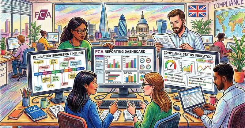 UK regulatory compliance team reviewing automated FCA and PRA reporting dashboards