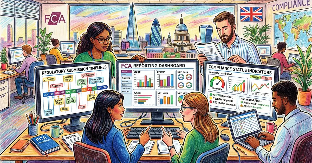 UK regulatory compliance team reviewing automated FCA and PRA reporting dashboards
