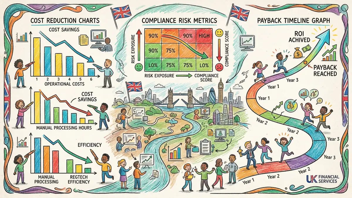 Business outcomes from RegTech implementation showing cost reduction, cycle time compression, error reduction, and staff productivity improvements.
