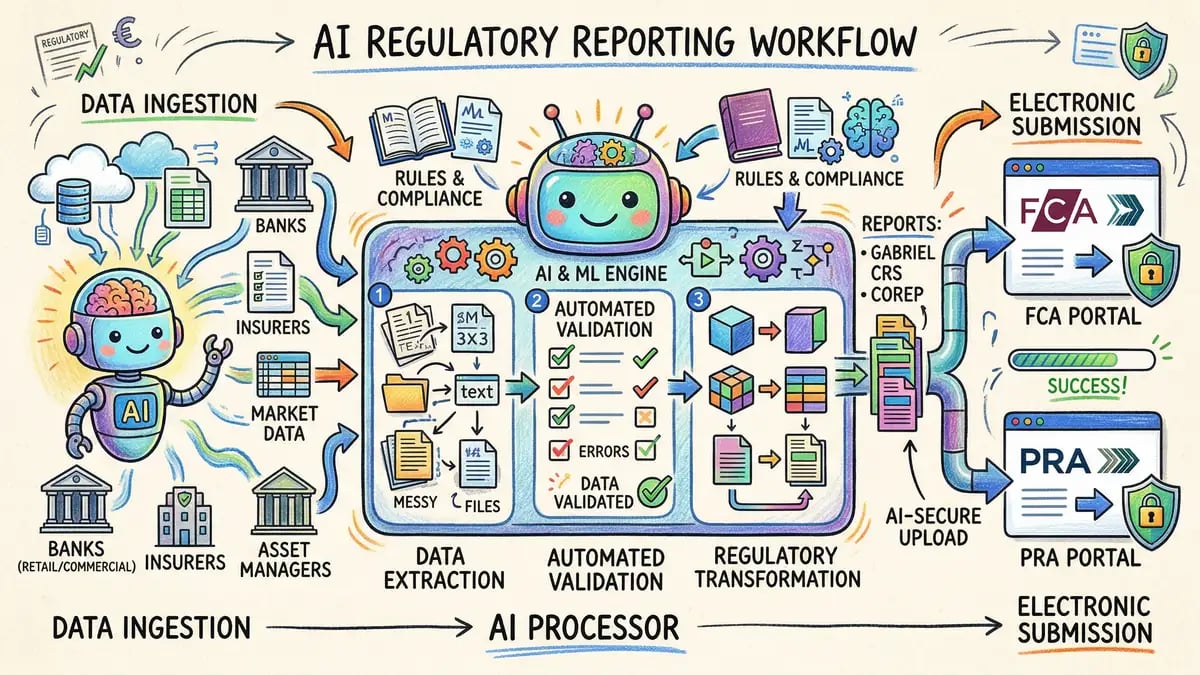 Regulatory reporting workflow comparing manual processes with AI-automated approaches, showing data extraction, validation, transformation, and submission stages.