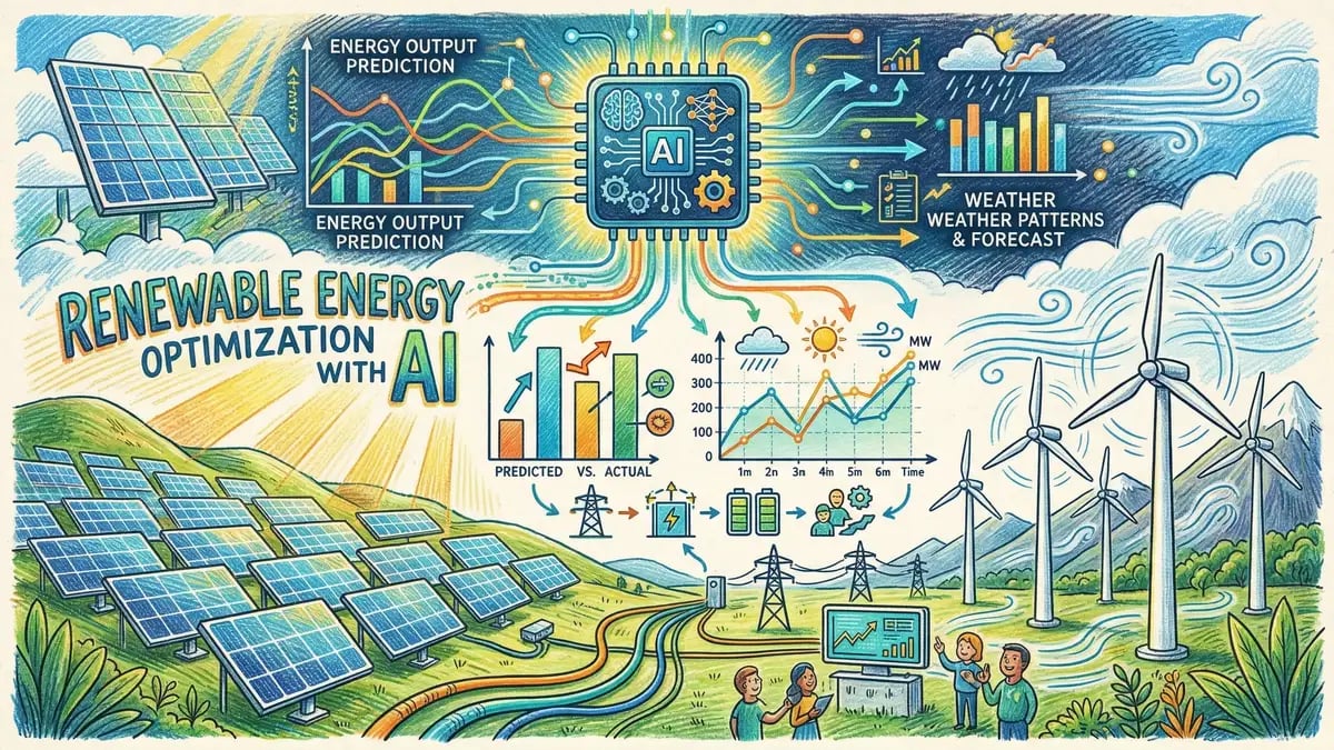 Renewable energy optimisation with AI showing solar and wind farm analytics