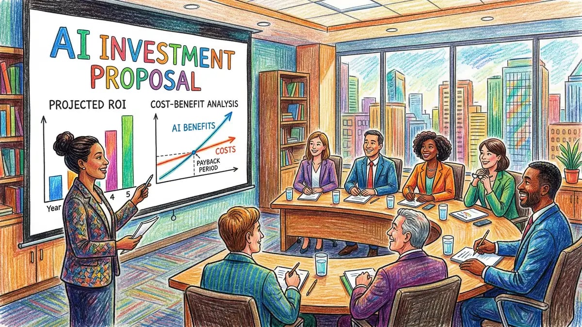 CFO presenting AI investment proposal to a board of directors with ROI charts and cost-benefit graphs projected on screen