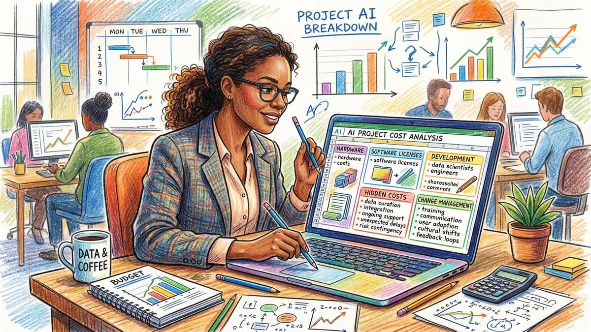 Business analyst calculating AI project costs on a laptop with spreadsheets showing budget breakdown including hidden costs and change management