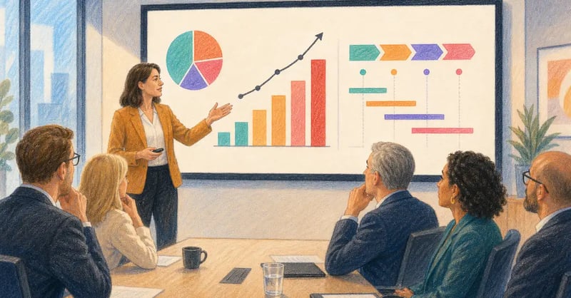 A marketing director presenting an AI investment business case to a company board, with ROI charts and a phased roadmap on screen