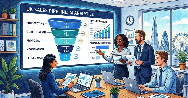 UK sales team reviewing AI-powered pipeline analytics dashboard showing deal stages and revenue forecasts