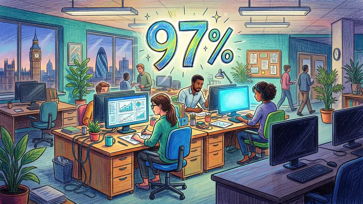 Illustration showing UK businesses facing AI skills gaps with 97% reporting at least one gap