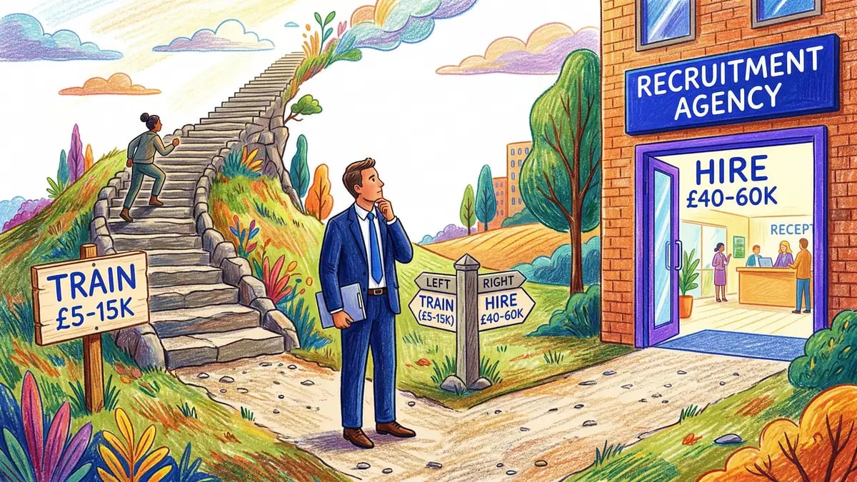 Illustration showing the hiring versus training decision for AI skills with cost comparison