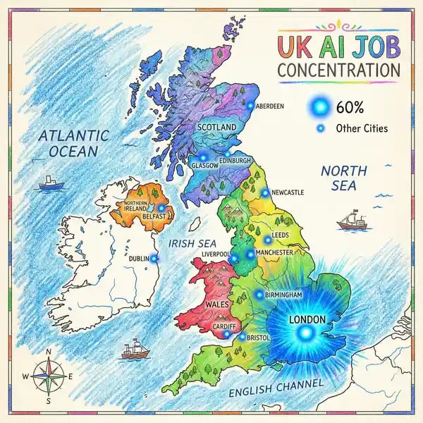 Map of UK showing AI job concentration with 60 percent in London and South East