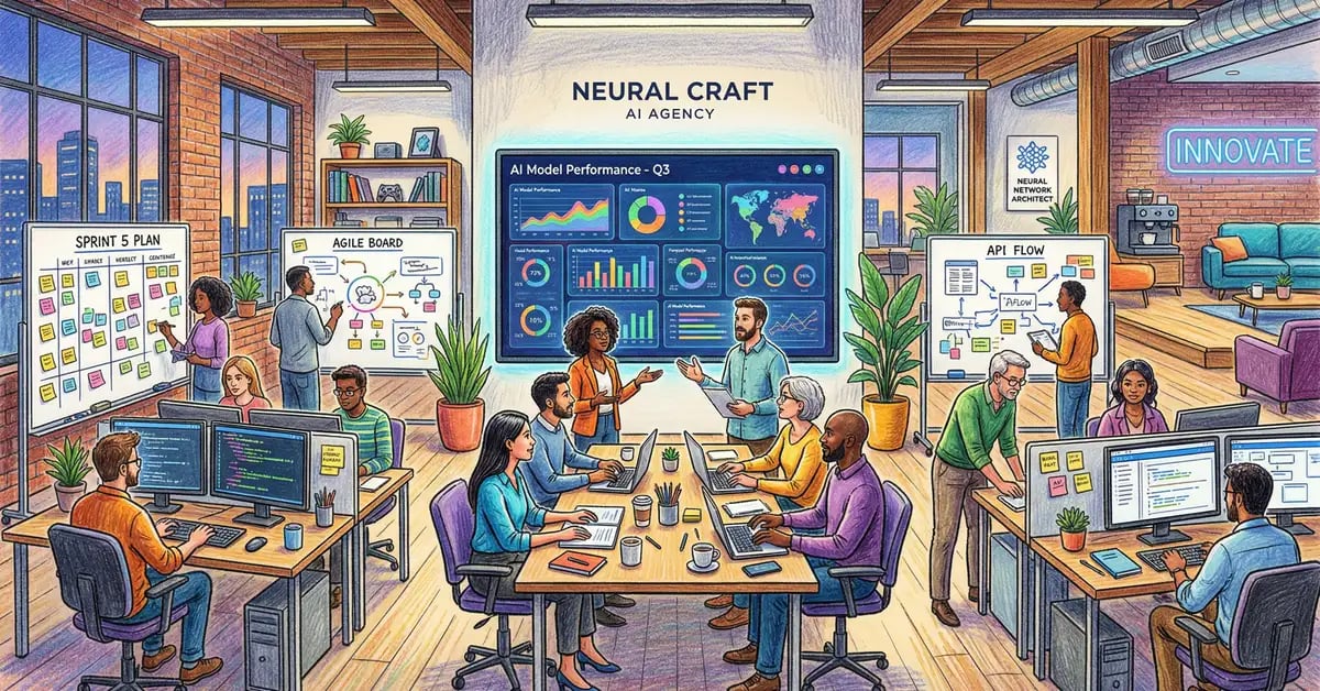 AI software development agency team collaborating on project deliverables in a modern workspace