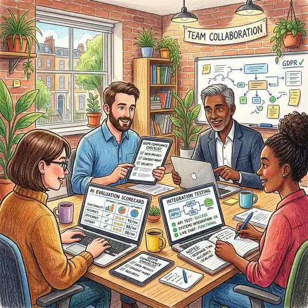 Business team evaluating AI customer service software