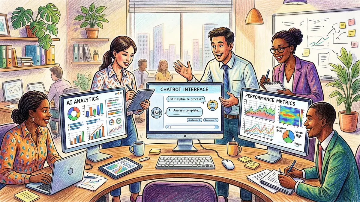 Pencil-crayon illustration of a business team evaluating AI software tools on multiple screens