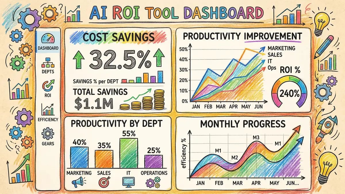 Pencil-crayon illustration of a business dashboard showing AI tool ROI metrics and productivity gains