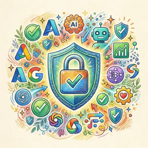 Pencil-crayon illustration of a security padlock surrounded by AI tool logos with compliance checkmarks