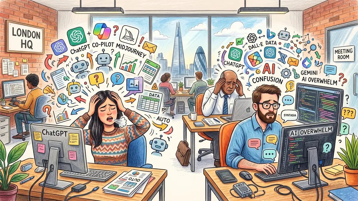 Illustration showing a UK office environment with employees confused at their desks surrounded by multiple AI tools, representing the frustration of untrained teams struggling to use AI effectively