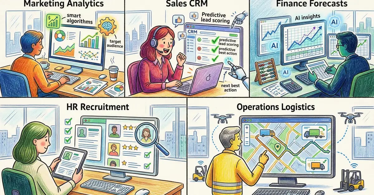 Illustration of five department workspaces showing AI integration in marketing, sales, finance, HR, and operations