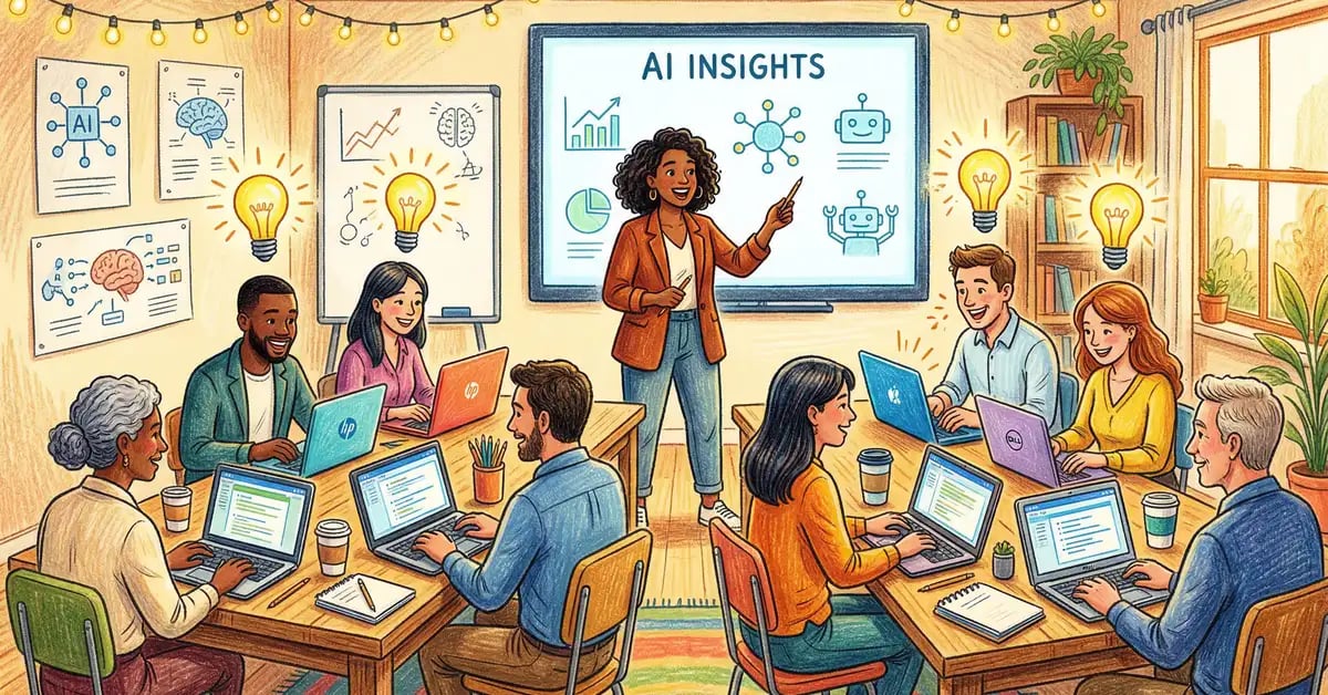 Illustration of an energetic AI workshop with facilitator and professionals practising on laptops