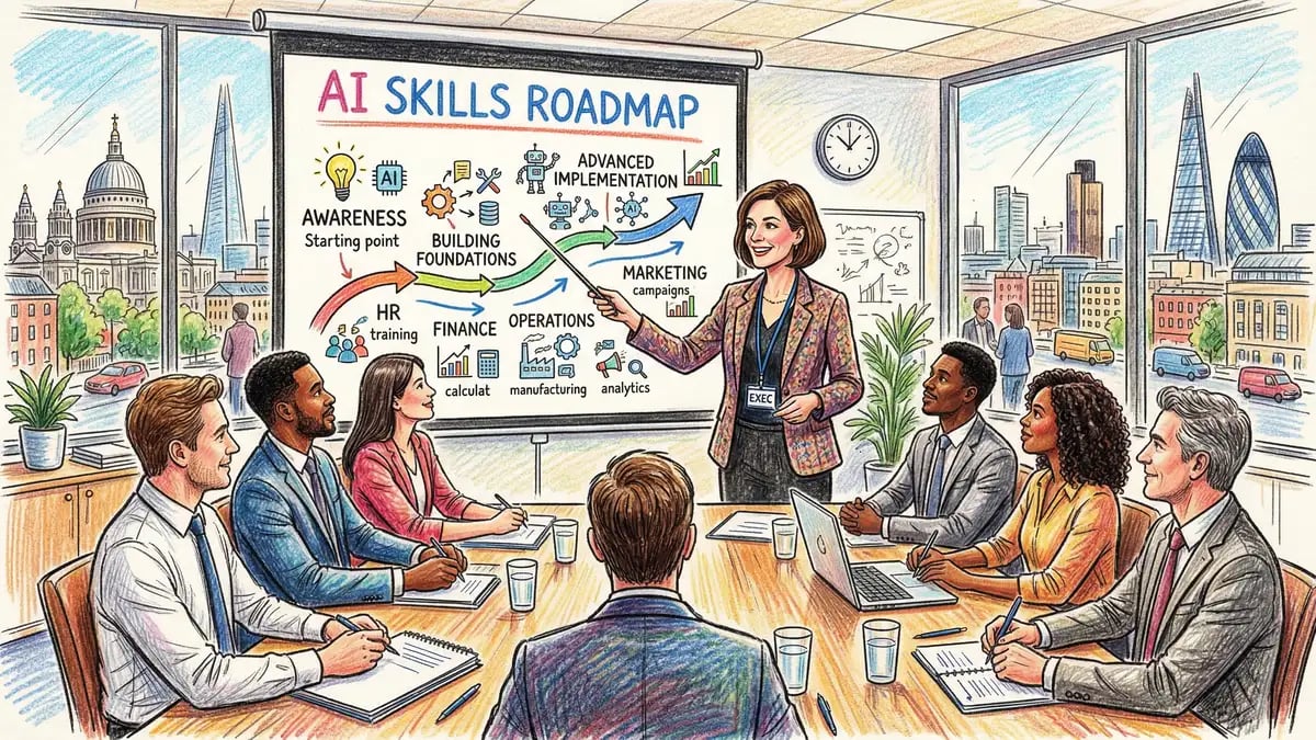Pencil-crayon illustration of a UK business executive presenting an AI skills roadmap showing progression from awareness to advanced implementation