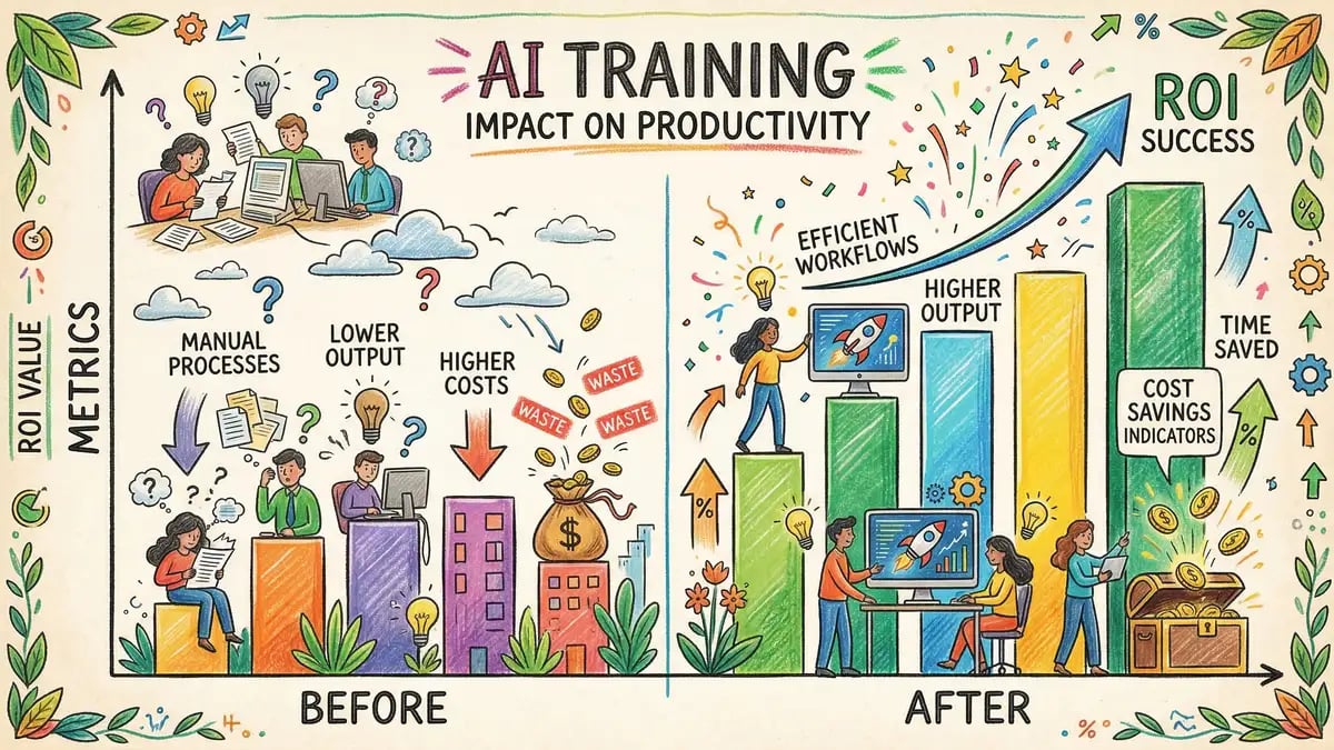 Pencil-crayon illustration showing before and after impact of AI training on employee productivity with upward trending ROI metrics