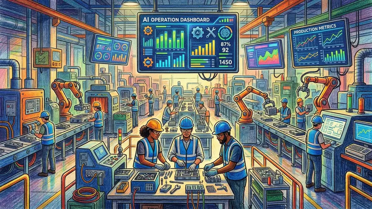 Manufacturing floor with workers and digital displays showing AI-powered operational metrics and productivity dashboards