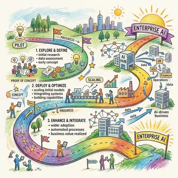AI transformation roadmap showing journey from pilot to enterprise deployment