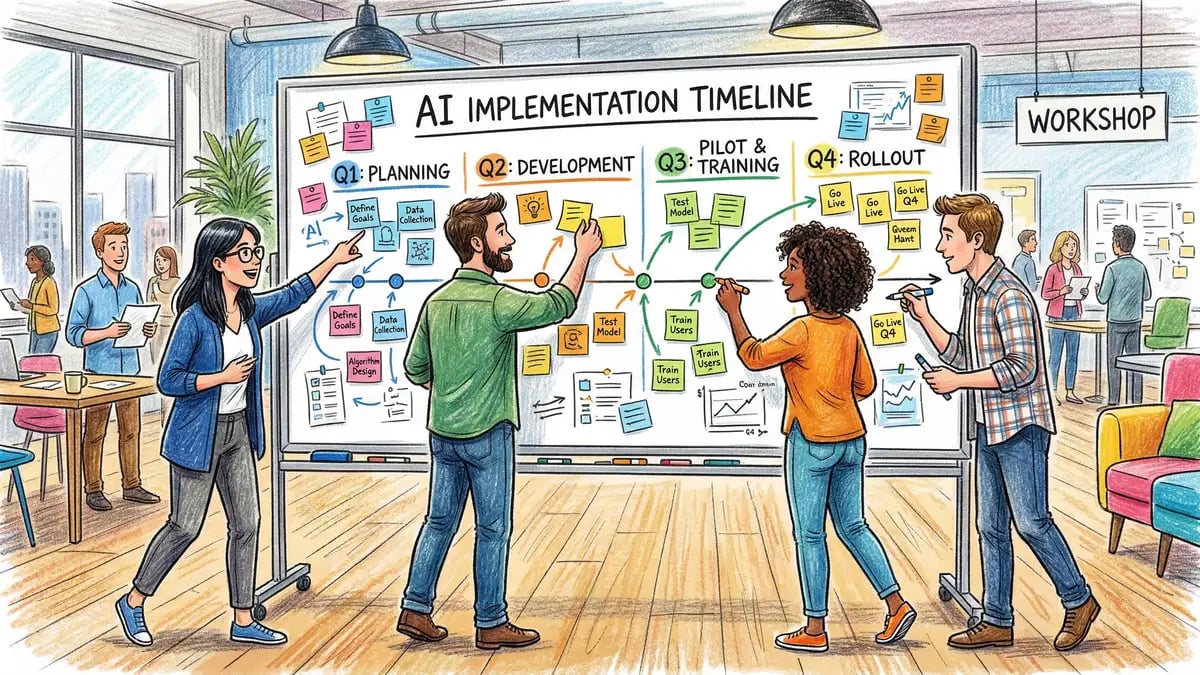 Business team in workshop session mapping out AI implementation timeline on a whiteboard with sticky notes and phase markers