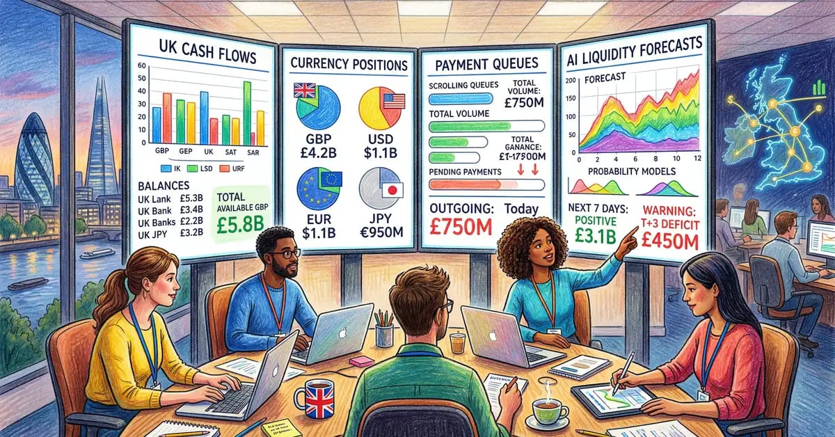 UK treasury operations team managing cash flow and liquidity forecasts with AI-powered dashboards