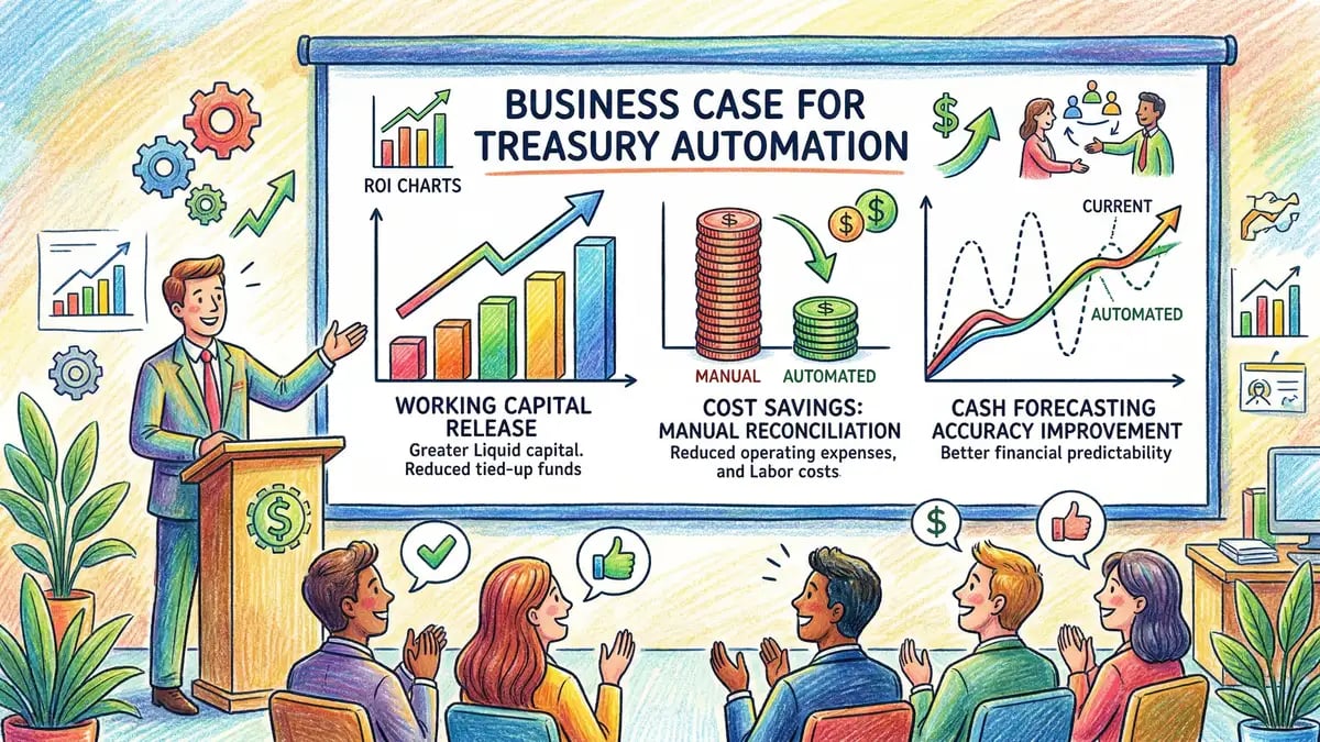 Financial comparison showing ROI, payback period, and working capital benefits of AI treasury automation