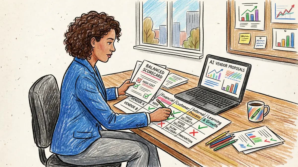 Pencil-crayon illustration of a business professional using a balanced scorecard to evaluate AI vendor proposals