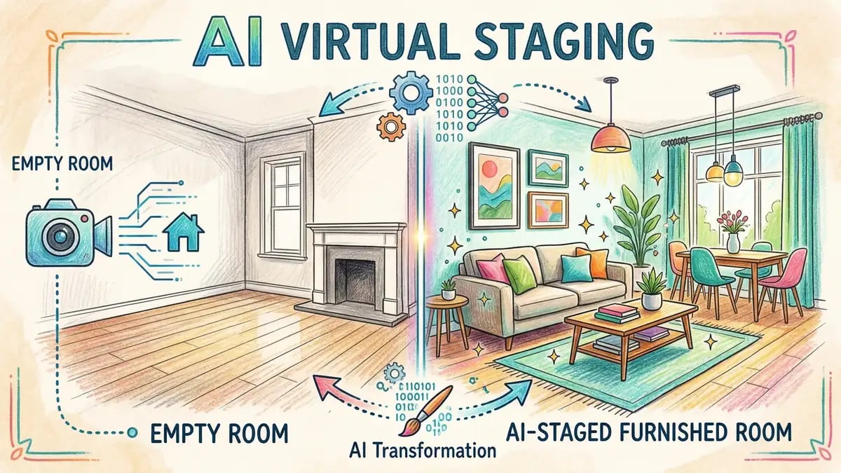 Virtual property staging with AI showing before and after room transformation