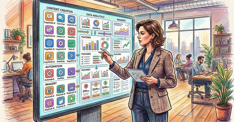 Pencil-crayon illustration of a business professional evaluating AI tool dashboards on a large screen