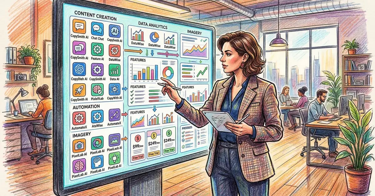 Pencil-crayon illustration of a business professional evaluating AI tool dashboards on a large screen