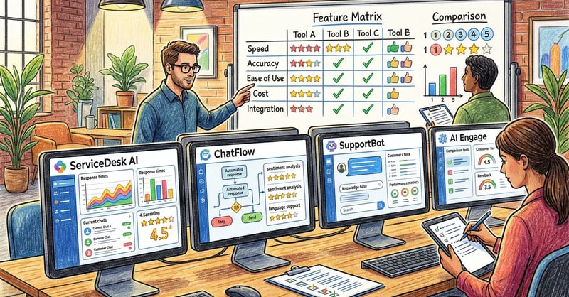 AI customer service tools comparison on multiple screens