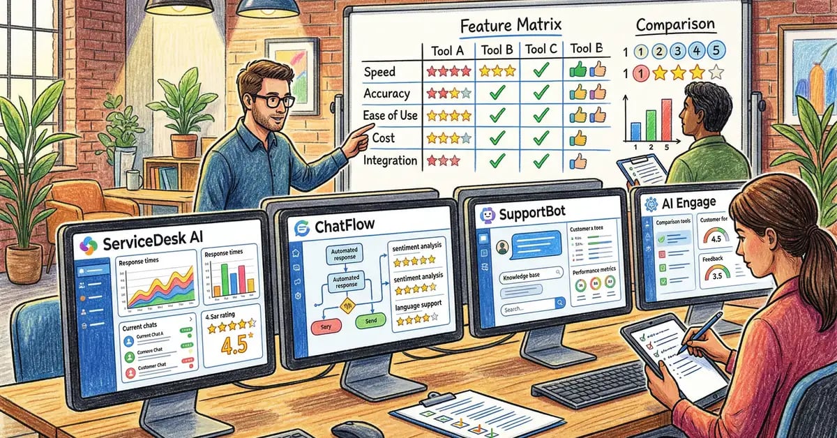 AI customer service tools comparison on multiple screens