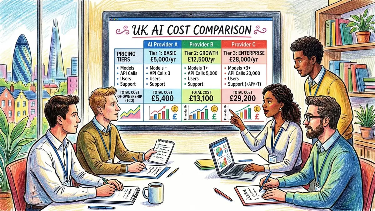 UK business team reviewing AI cost comparison data with pricing tiers and total cost of ownership displayed on presentation screen