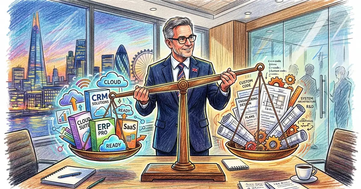 UK business leaders evaluating AI build versus buy options with decision framework diagrams and cost comparison charts