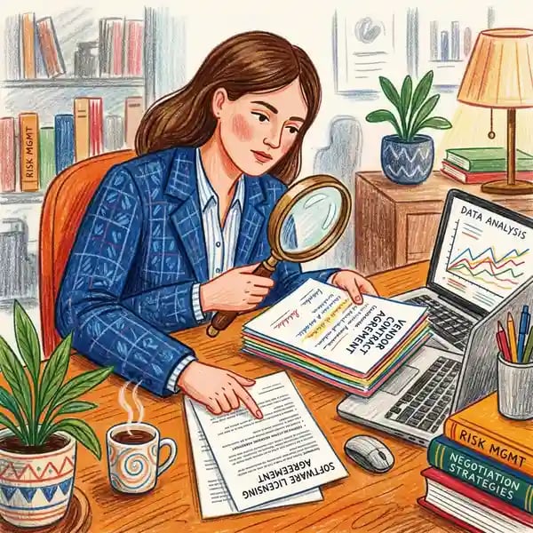 Business professional evaluating AI vendor contracts and software licensing agreements with magnifying glass