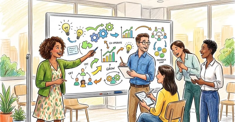 Colleagues at a whiteboard mapping how their organisation learns and adopts new ways of working