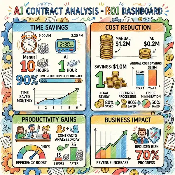 Business ROI dashboard showing time savings and cost reduction metrics from AI contract analysis