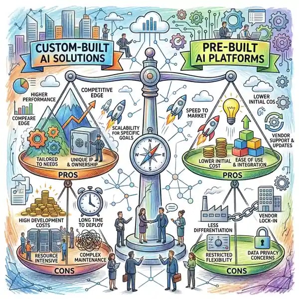 Decision matrix comparing custom-built versus pre-built AI solutions