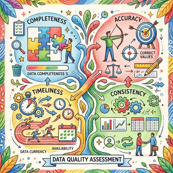 Data quality assessment framework showing completeness, accuracy, timeliness, and consistency metrics